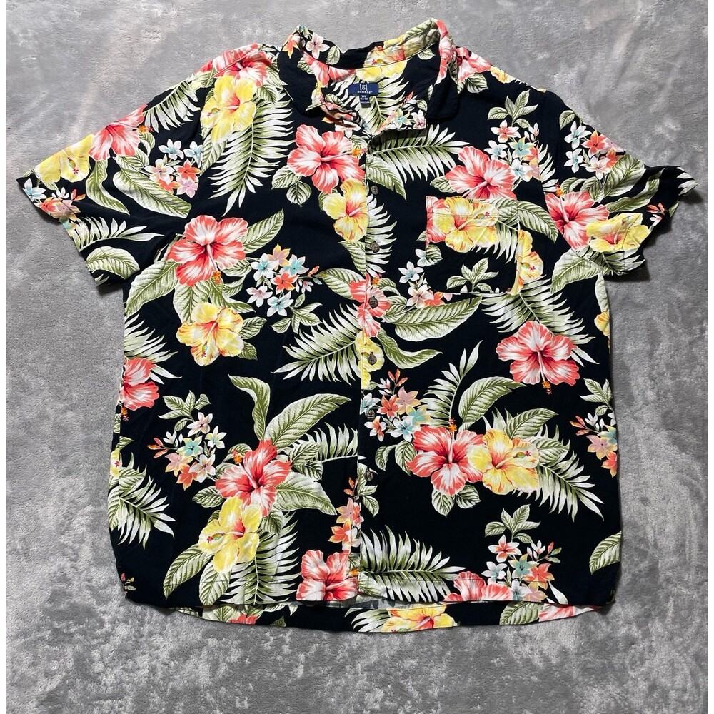 George Casual Button-Down Shirt Black Floral Men’s 2XL Rayon Beach Hawaiian
